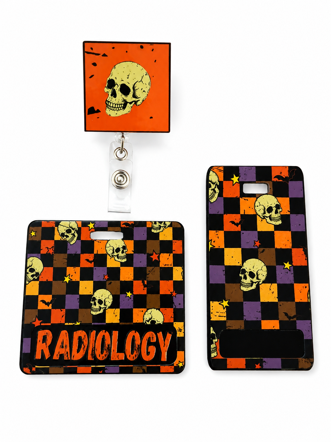 Halloween Skull Badge Buddy | Custom Radiology Badge Buddy | Personalized Horizontal & Vertical ID Badge Holder for Nurses, X-Ray Techs & Healthcare Workers