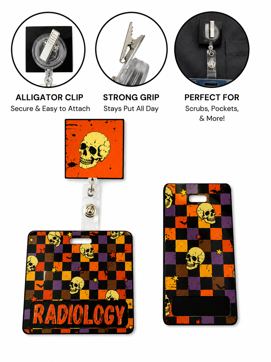 Halloween Skull Badge Buddy | Custom Radiology Badge Buddy | Personalized Horizontal & Vertical ID Badge Holder for Nurses, X-Ray Techs & Healthcare Workers
